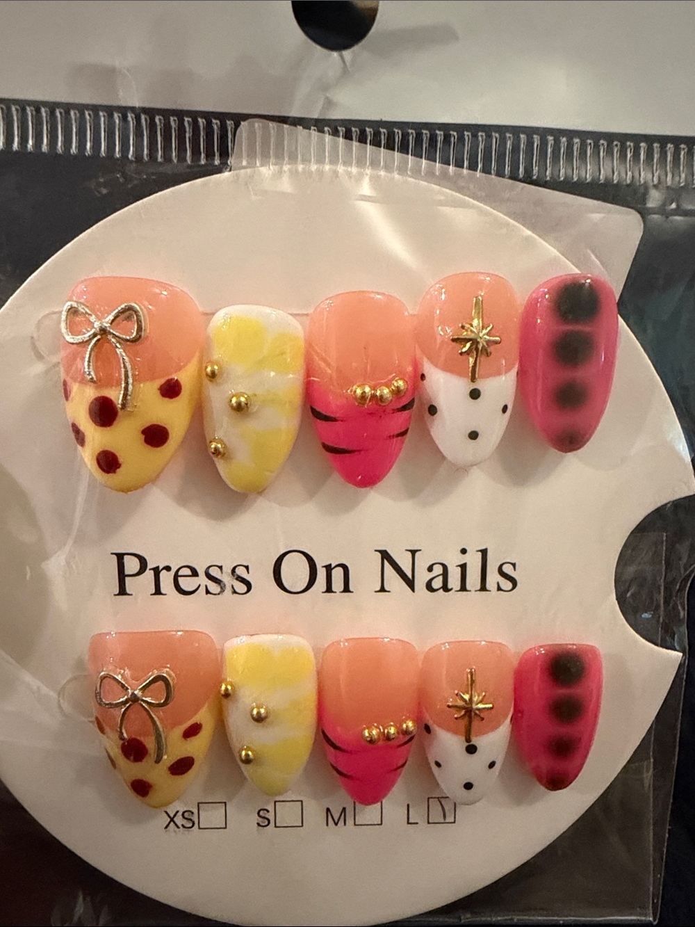 Colorful Mixed Pattern handmade acrylic Press-On Nail Set - Yellow, Pink, Coral